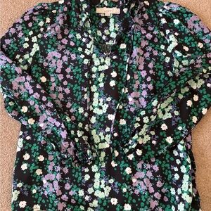 LOFT Black Long-Sleeve Floral Split-Neck Blouse with Purple & Green Flowers